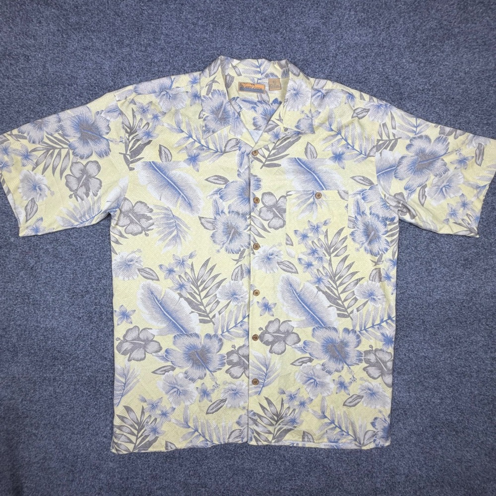 Bobby Chan Mens XL 100% Silk Floral Jacquard Short Sleeve Camp Shirt Yellow Blue - Picture 1 of 5